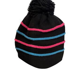 Vintage 80s Black Wool Ski Hat Neon Pink Blue Stripes Pom Pom